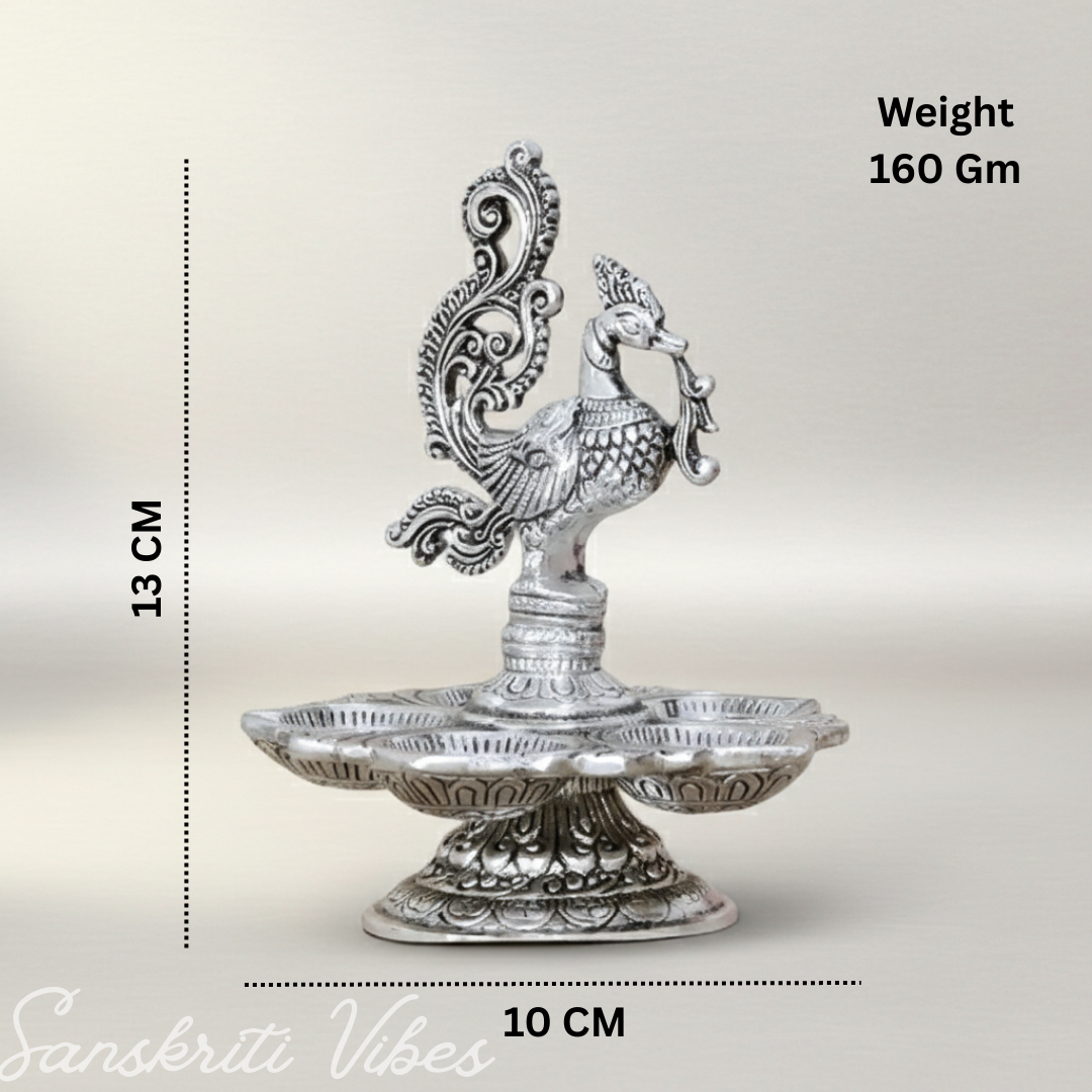 Traditional Silver-Plated Peacock Pooja Thali with 5-Compartment Diya Stand Ornate Design - Retail Maharaj