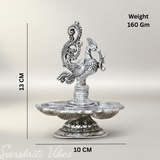 Traditional Silver-Plated Peacock Pooja Thali with 5-Compartment Diya Stand Ornate Design - Retail Maharaj