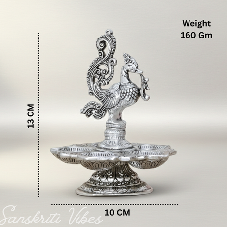 Traditional Silver-Plated Peacock Pooja Thali with 5-Compartment Diya Stand Ornate Design - Retail Maharaj