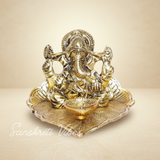 Ganesha On Leaf With Diya Metal Statue Aluminium Handcrafted Decorative Idol For Home Temple Pooja Room And Festive Gift - Retail Maharaj