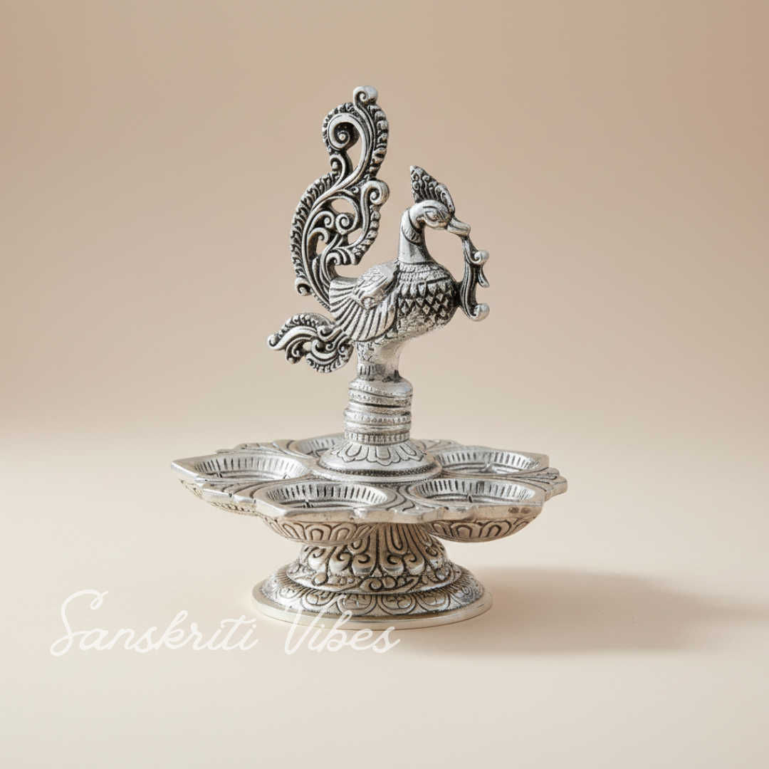 Traditional Silver-Plated Peacock Pooja Thali with 5-Compartment Diya Stand Ornate Design - Retail Maharaj