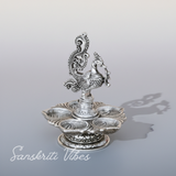 Traditional Silver-Plated Peacock Pooja Thali with 5-Compartment Diya Stand Ornate Design - Retail Maharaj