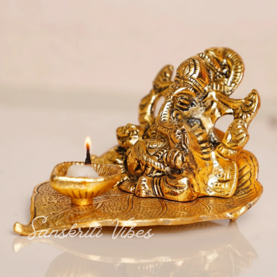 Ganesha On Leaf With Diya Metal Statue Aluminium Handcrafted Decorative Idol For Home Temple Pooja Room And Festive Gift - Retail Maharaj