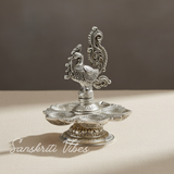 Traditional Silver-Plated Peacock Pooja Thali with 5-Compartment Diya Stand Ornate Design - Retail Maharaj