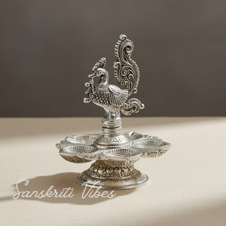 Traditional Silver-Plated Peacock Pooja Thali with 5-Compartment Diya Stand Ornate Design - Retail Maharaj