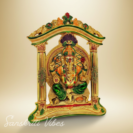 Prince Home Decor Ganesh Ji In Mehrav Gold Plated With Multi Color Meena Work Decorative Showpiece 29 Cm Aluminium Handcrafted Idol For Home Temple And Gifting - Retail Maharaj