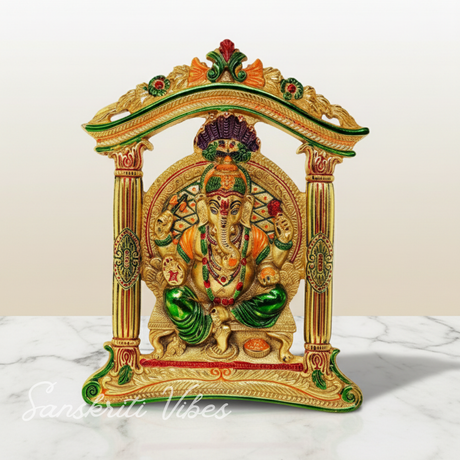Prince Home Decor Ganesh Ji In Mehrav Gold Plated With Multi Color Meena Work Decorative Showpiece 29 Cm Aluminium Handcrafted Idol For Home Temple And Gifting - Retail Maharaj