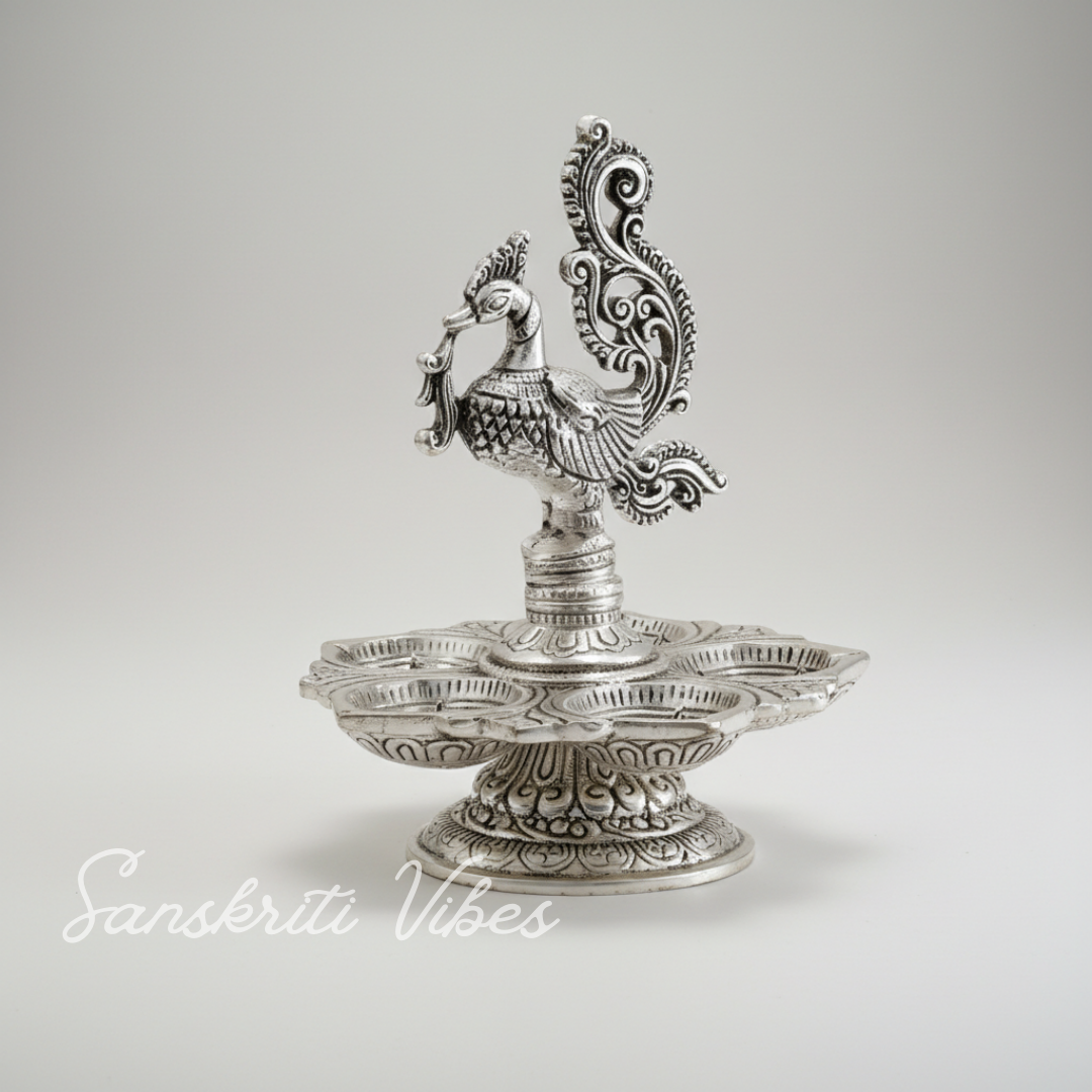 Traditional Silver-Plated Peacock Pooja Thali with 5-Compartment Diya Stand Ornate Design - Retail Maharaj