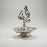 Traditional Silver-Plated Peacock Pooja Thali with 5-Compartment Diya Stand Ornate Design - Retail Maharaj