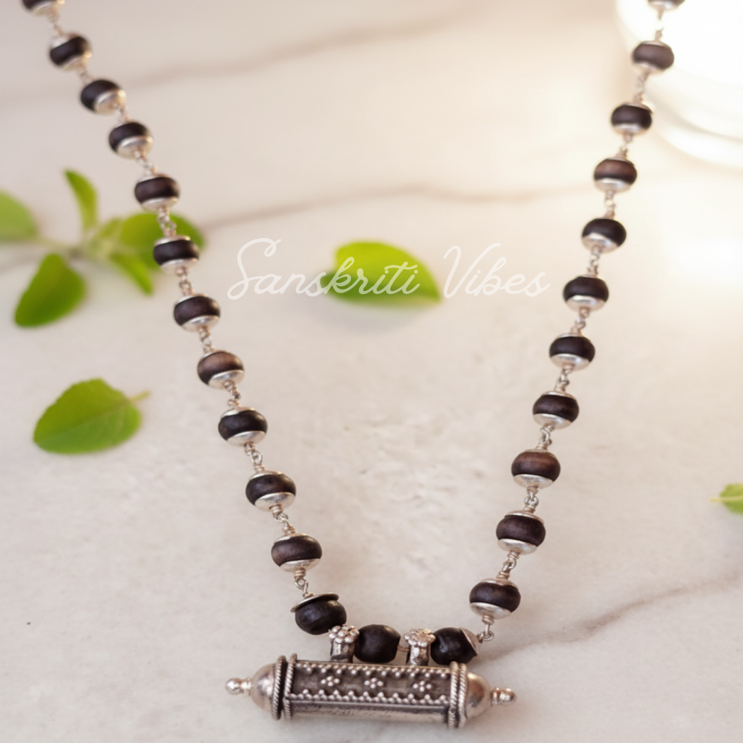 Silver Kanthi Mala with Beautiful Kavach – 20 Inch 92.5% Pure Silver Black Tulsi Beads Spiritual Necklace - Retail Maharaj