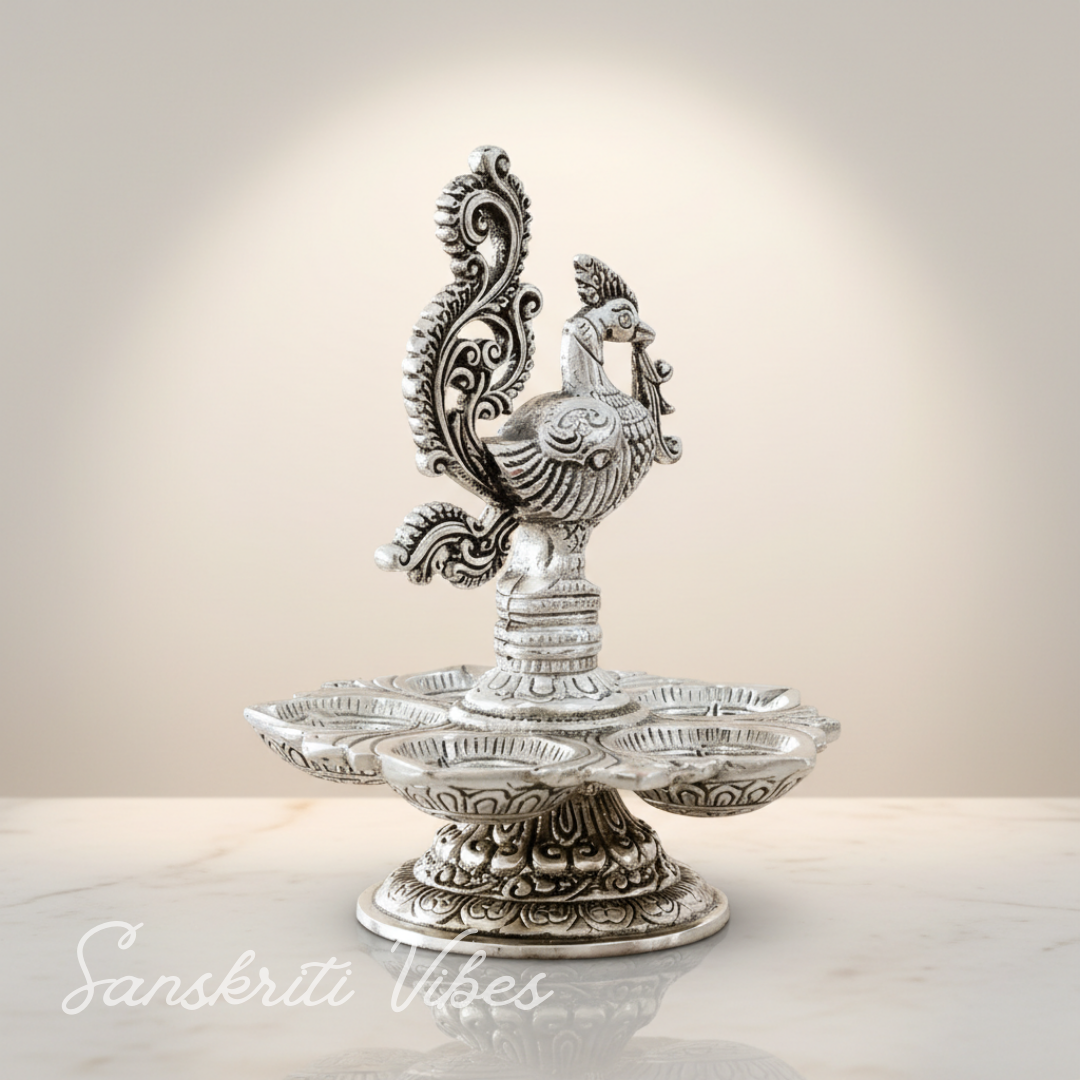 Traditional Silver-Plated Peacock Pooja Thali with 5-Compartment Diya Stand Ornate Design - Retail Maharaj