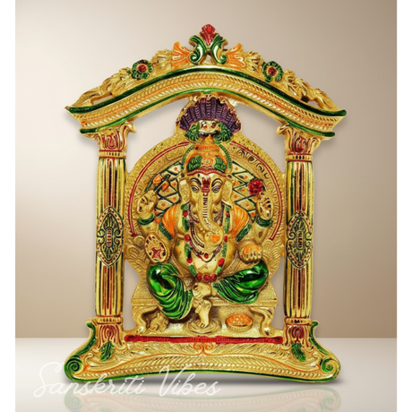 Prince Home Decor Ganesh Ji In Mehrav Gold Plated With Multi Color Meena Work Decorative Showpiece 29 Cm Aluminium Handcrafted Idol For Home Temple And Gifting - Retail Maharaj