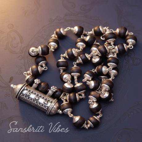 Silver Kanthi Mala with Beautiful Kavach – 20 Inch 92.5% Pure Silver Black Tulsi Beads Spiritual Necklace - Retail Maharaj