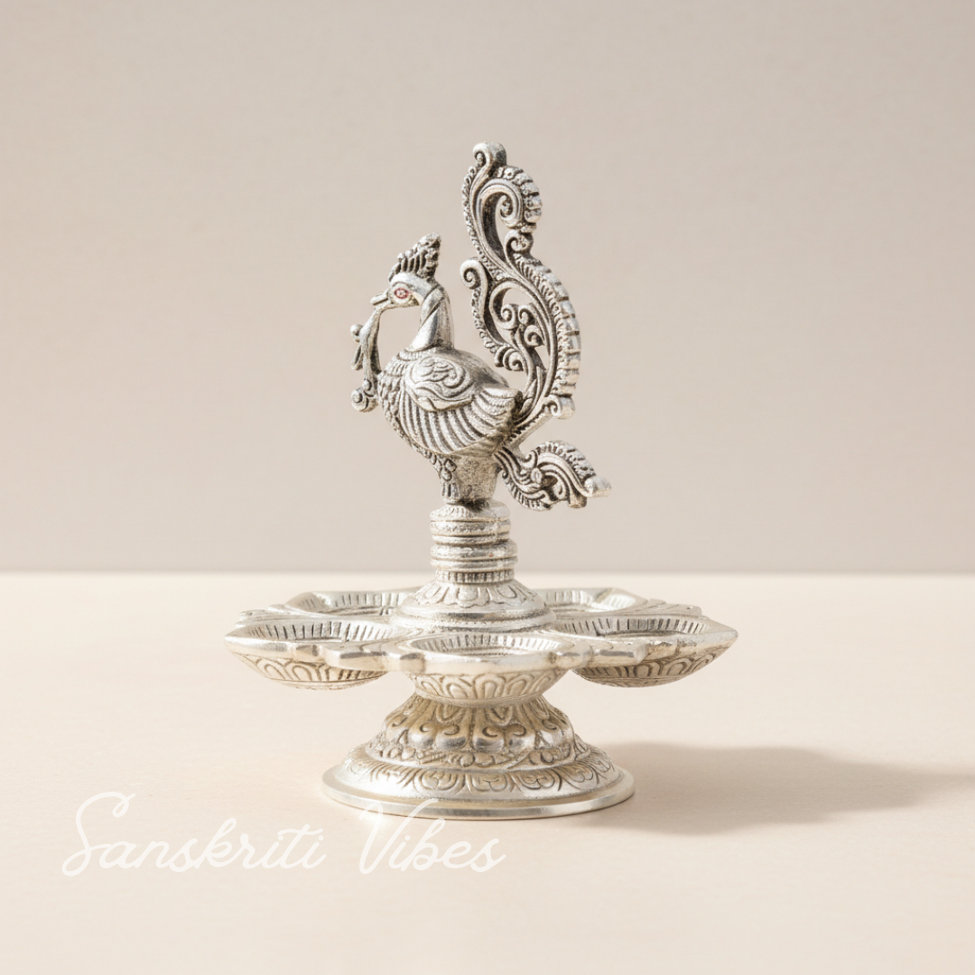 Traditional Silver-Plated Peacock Pooja Thali with 5-Compartment Diya Stand Ornate Design - Retail Maharaj