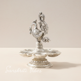 Traditional Silver-Plated Peacock Pooja Thali with 5-Compartment Diya Stand Ornate Design - Retail Maharaj