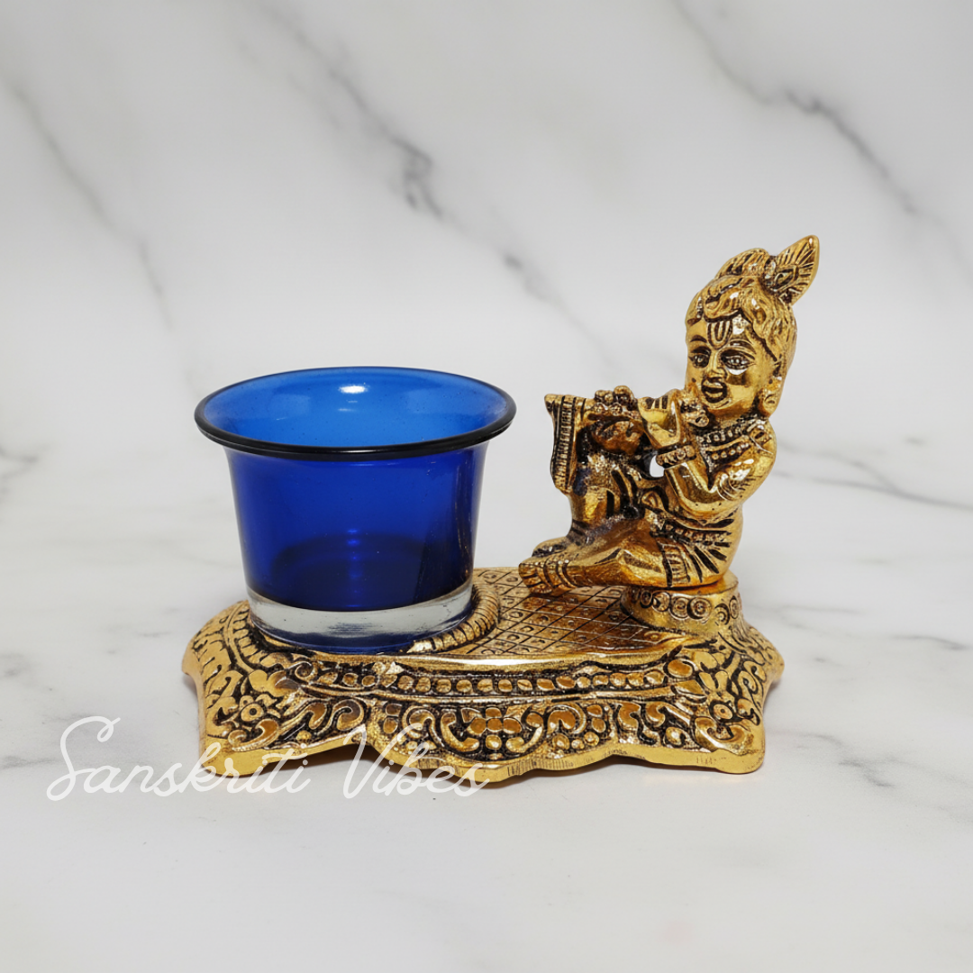 White Metal Gold Plated Krishna Matki Laddu Gopal with Candle Holder Decorative Showpiece 21 cm Brass Idol - Retail Maharaj