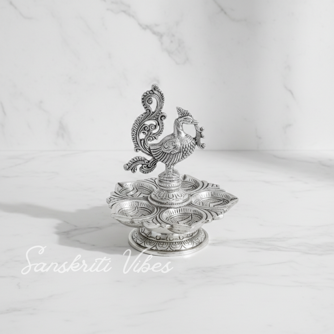 Traditional Silver-Plated Peacock Pooja Thali with 5-Compartment Diya Stand Ornate Design - Retail Maharaj