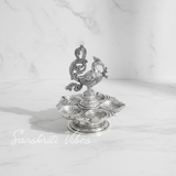 Traditional Silver-Plated Peacock Pooja Thali with 5-Compartment Diya Stand Ornate Design - Retail Maharaj
