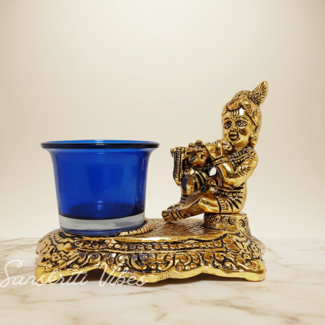 White Metal Gold Plated Krishna Matki Laddu Gopal with Candle Holder Decorative Showpiece 21 cm Brass Idol - Retail Maharaj