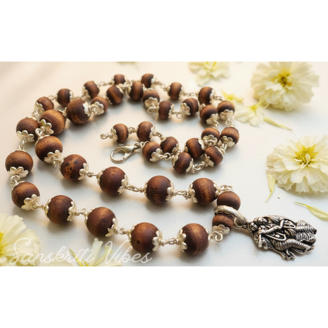 Matar Mala Pattern Silver Tulsi Beads Flower Capped Mala with Radha Krishna Locket – Premium Shyama Tulsi 92.5% Silver Necklace - Retail Maharaj