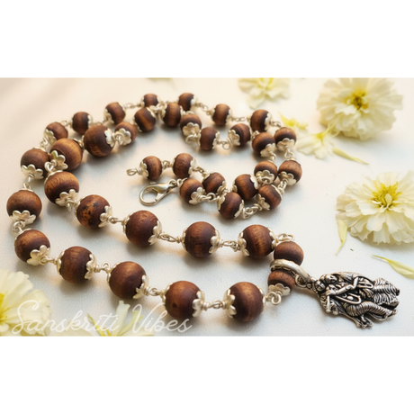 Matar Mala Pattern Silver Tulsi Beads Flower Capped Mala with Radha Krishna Locket – Premium Shyama Tulsi 92.5% Silver Necklace - Retail Maharaj