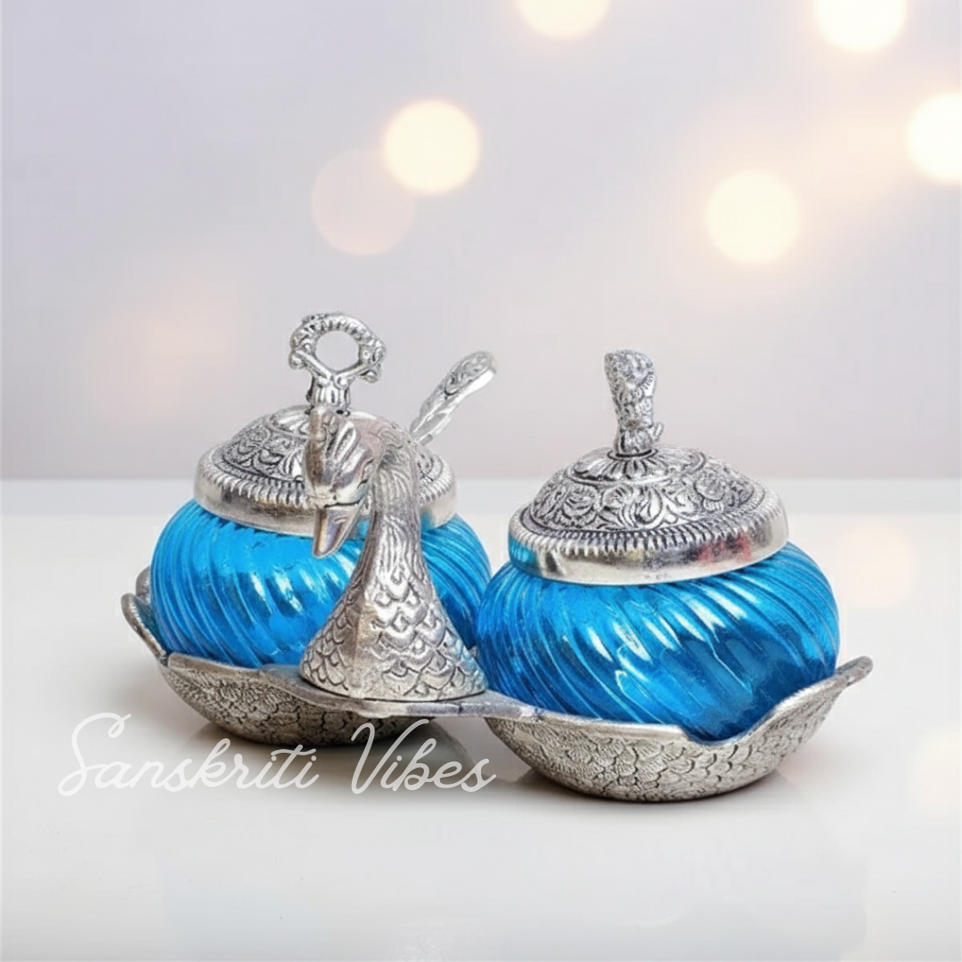 Metal Double Duck Shape Glass Bowl with Spoon Silver Finish Decorative Dry Fruit Tray for Home and Office - Retail Maharaj