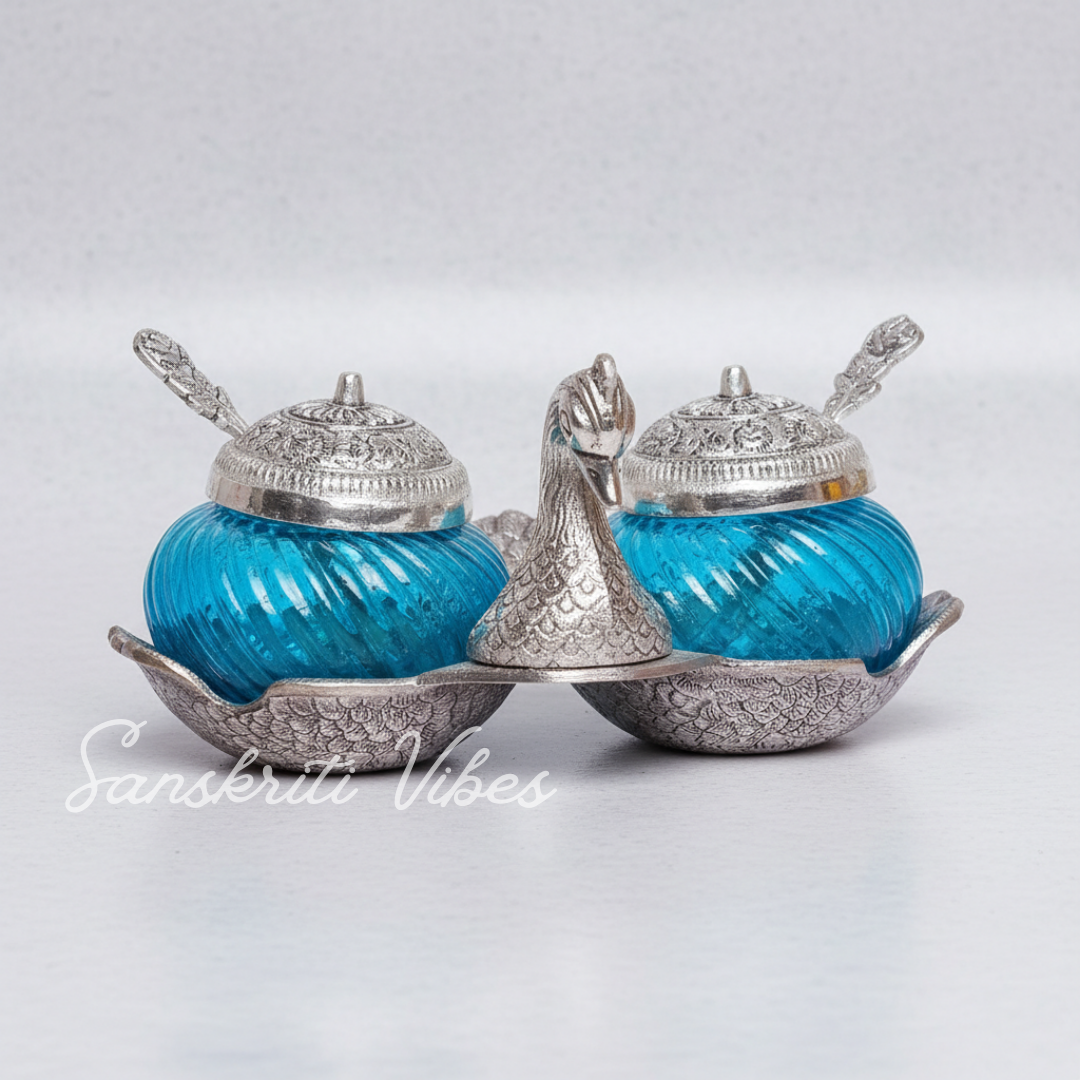 Metal Double Duck Shape Glass Bowl with Spoon Silver Finish Decorative Dry Fruit Tray for Home and Office - Retail Maharaj