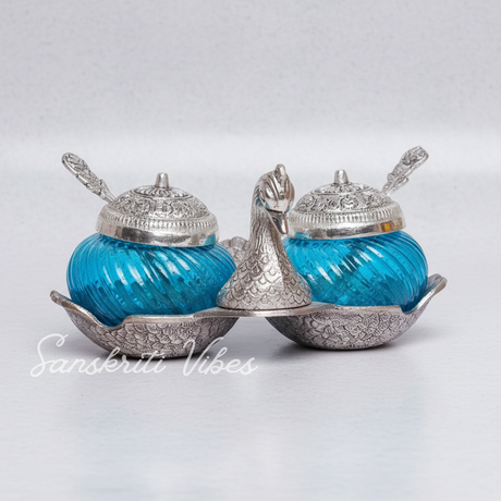 Metal Double Duck Shape Glass Bowl with Spoon Silver Finish Decorative Dry Fruit Tray for Home and Office - Retail Maharaj