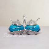Metal Double Duck Shape Glass Bowl with Spoon Silver Finish Decorative Dry Fruit Tray for Home and Office - Retail Maharaj