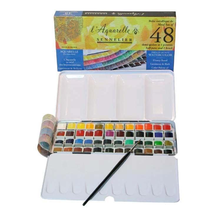 Sennelier l'Aquarelle French Artists' Watercolor Set of 48 Half Pans in Metal Box - Retail Maharaj