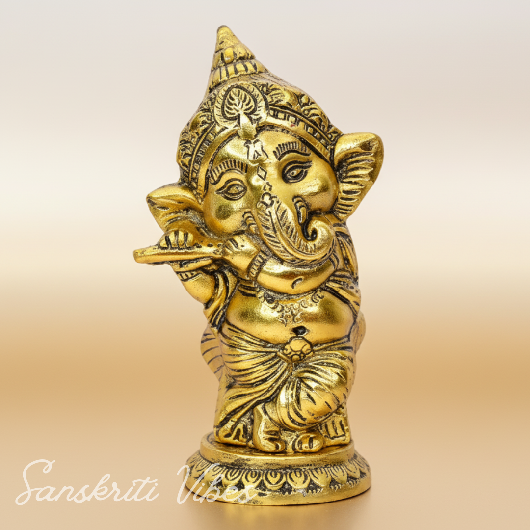 Golden Ganesha Playing Bansuri Ganesh Ji Idol For Gift Diwali Gift Set Home Decor Murti Decorative Showpiece 15 Cm Aluminium Handcrafted Ganpati Statue - Retail Maharaj