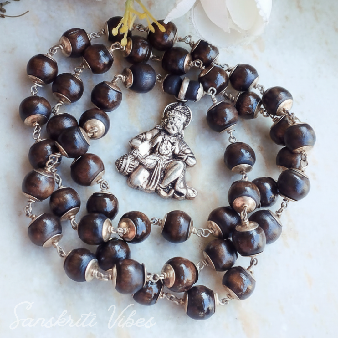 Hanuman Ji Silver Shyma Black Round Tulsi Beads Mala – 20 Inch 92.5% Pure Silver Devotional Necklace for Ram Devotees - Retail Maharaj