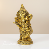 Golden Ganesha Playing Bansuri Ganesh Ji Idol For Gift Diwali Gift Set Home Decor Murti Decorative Showpiece 15 Cm Aluminium Handcrafted Ganpati Statue - Retail Maharaj
