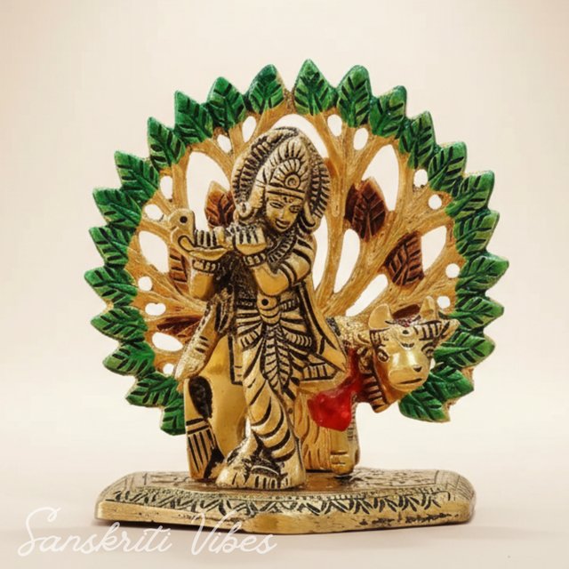 Kalpavriksha Tree with Cow & Krishna Idols – Gold Plated Metal Decorative Showpiece for Home Décor & Gifting | - Retail Maharaj