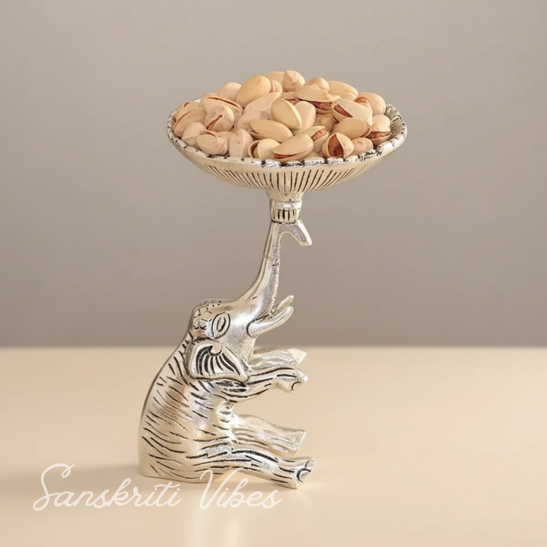 Metal Elephant Dry Fruit Bowl Showpiece Silver Polish Decorative Bowl for Home and Office Table - Retail Maharaj
