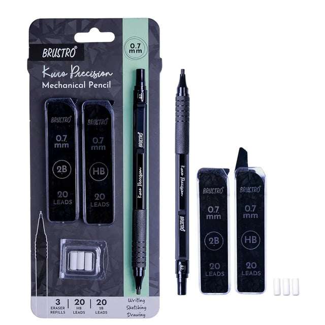 Brustro Kuro Precision Mechanical Pencil 0.7mm with HB & 2B Leads + Eraser Refills - Retail Maharaj
