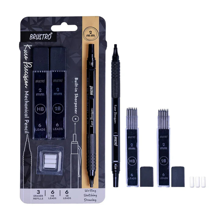 Brustro Kuro Precision Mechanical Pencil 2mm with HB & 2B Leads + Built-in Sharpener + Eraser Refills - Retail Maharaj