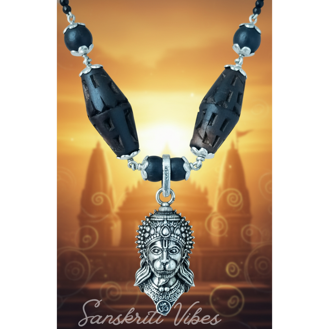 Bajrangbali Hanuman Ji Silver Pendant Tulsi Mridang Mala with Ram Carved Beads – Devotional Necklace - Retail Maharaj