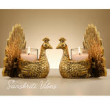 Set of 2 pcs Metal Dancing Peacock Pair Candle Holder Vastu Figurine for Home Décor, Tabletop, Living Room and Office - Retail Maharaj