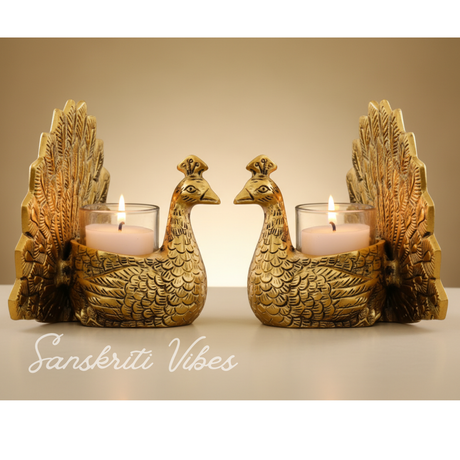 Set of 2 pcs Metal Dancing Peacock Pair Candle Holder Vastu Figurine for Home Décor, Tabletop, Living Room and Office - Retail Maharaj