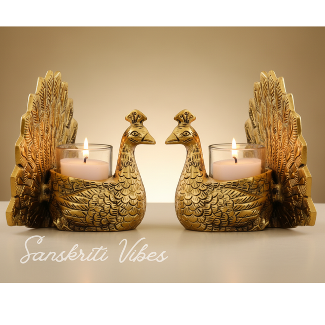 Set of 2 pcs Metal Dancing Peacock Pair Candle Holder Vastu Figurine for Home Décor, Tabletop, Living Room and Office - Retail Maharaj