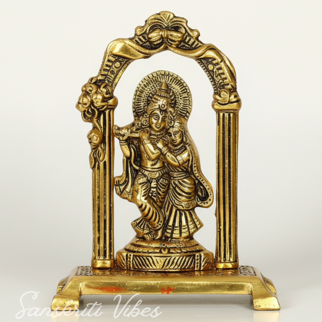 Radha Krishna Standing Under Mehrab – Glossy Aluminium Metal Handicraft Showpiece for Home Décor & Gifting | - Retail Maharaj
