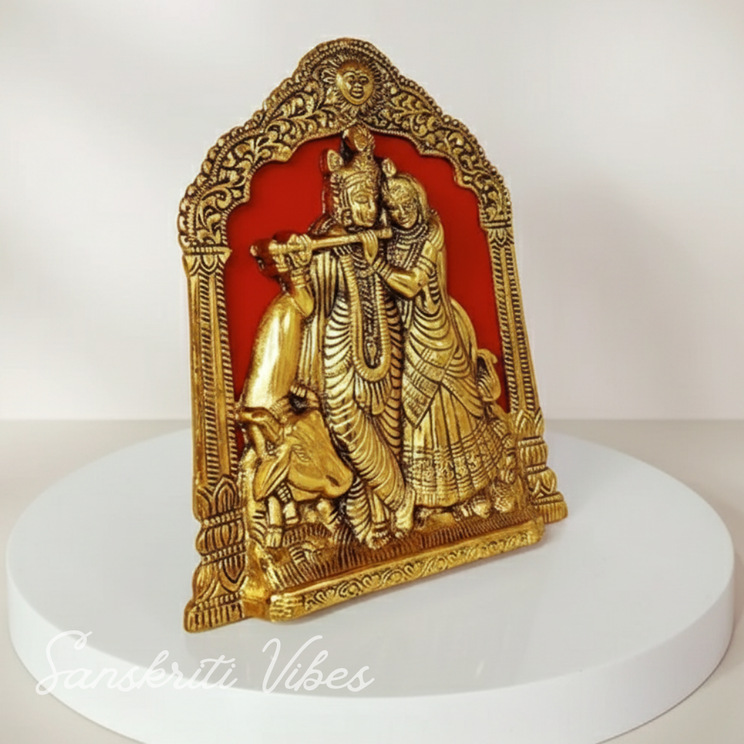 Golden Finish Radha Krishna Idol with Cow – Aluminium Showpiece for Table & Wall Hanging Decorative Home Décor - Retail Maharaj