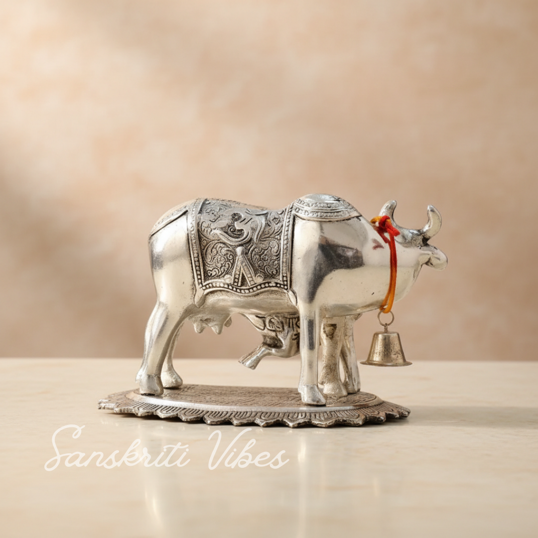 Metal Om Kamdhenu Cow and Calf Statue Decorative Showpiece for Good Luck, Vastu and Feng Shui - Retail Maharaj