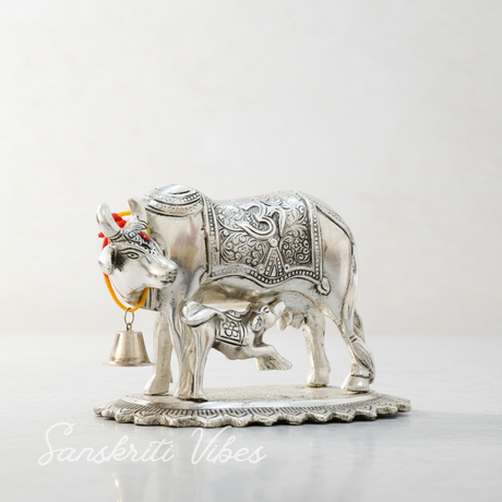 Metal Om Kamdhenu Cow and Calf Statue Decorative Showpiece for Good Luck, Vastu and Feng Shui - Retail Maharaj