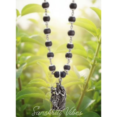 Jugal Jodi Silver Pendant with Black Silver Tulsi Chain Mala – 20 Inch 92.5% Pure Silver Devotional Necklace - Retail Maharaj