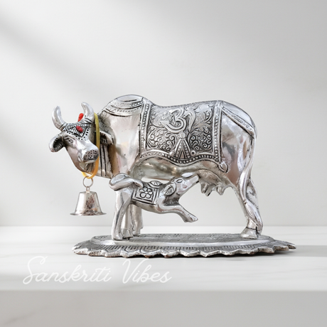 Metal Om Kamdhenu Cow and Calf Statue Decorative Showpiece for Good Luck, Vastu and Feng Shui - Retail Maharaj