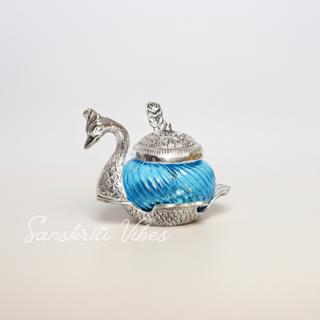 Metal Duck Shape Glass Bowl with Spoon Silver Finish Decorative Dry Fruit Bowl for Home and Office - Retail Maharaj