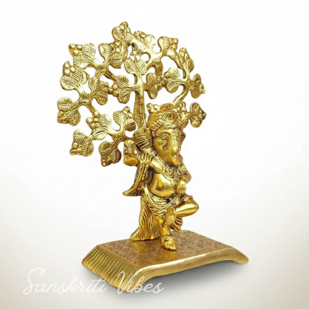 Metal Ganesha Statue Playing Damru Standing Under Tree Aluminium Ganpati Murti For Home Decor Pooja Room And Gift Purpose - Retail Maharaj
