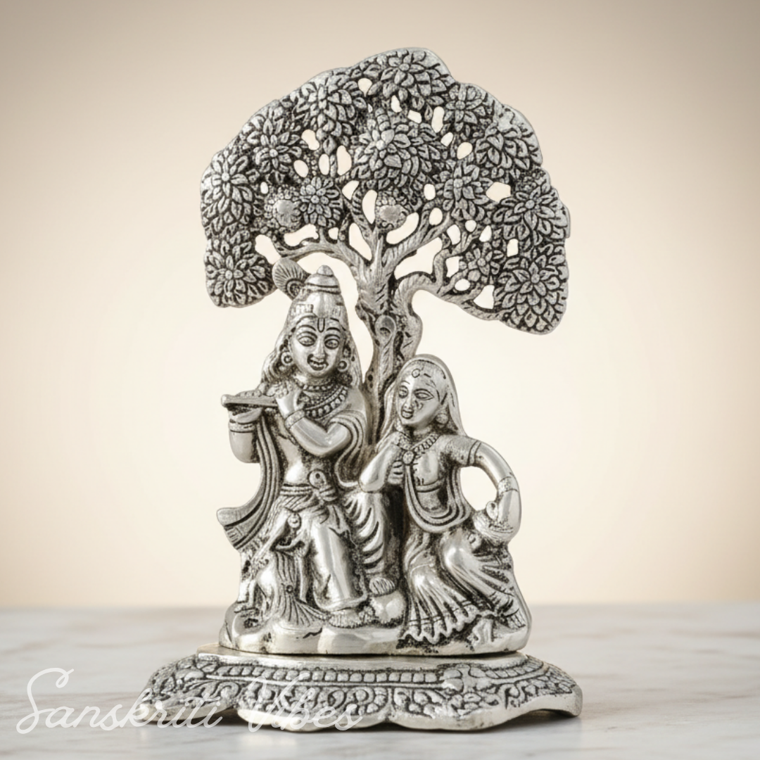 Metal Radha Krishna Idol Under Tree | Silver Decorative Showpiece Statue for Puja Room, Home & Office Desk – 18 cm Spiritual Gift - Retail Maharaj